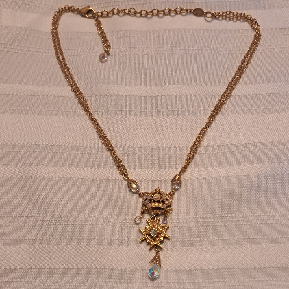Kirks Folly Gold Crown And Shield Necklace with AB Dangle Accents